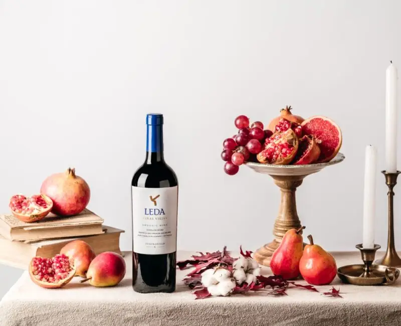 Bodegón con botella vino tinto Leda