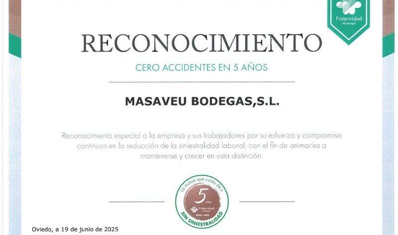 Diploma al reconocimiento 0 accidentes en 5 años Masaveu Bodegas