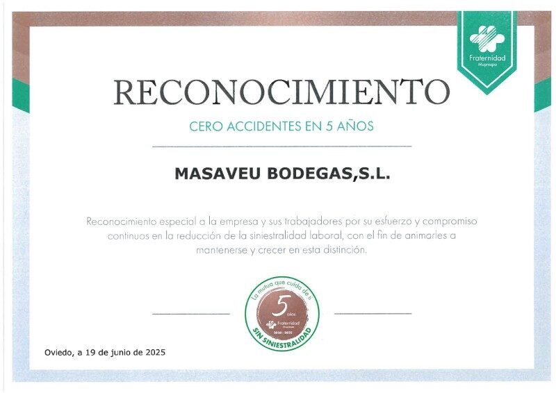 Diploma al reconocimiento 0 accidentes en 5 años Masaveu Bodegas